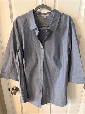 NEW Woman Within Chambray Blue Button Down Blouse 100% cotton 3/4 sleeve 22/24